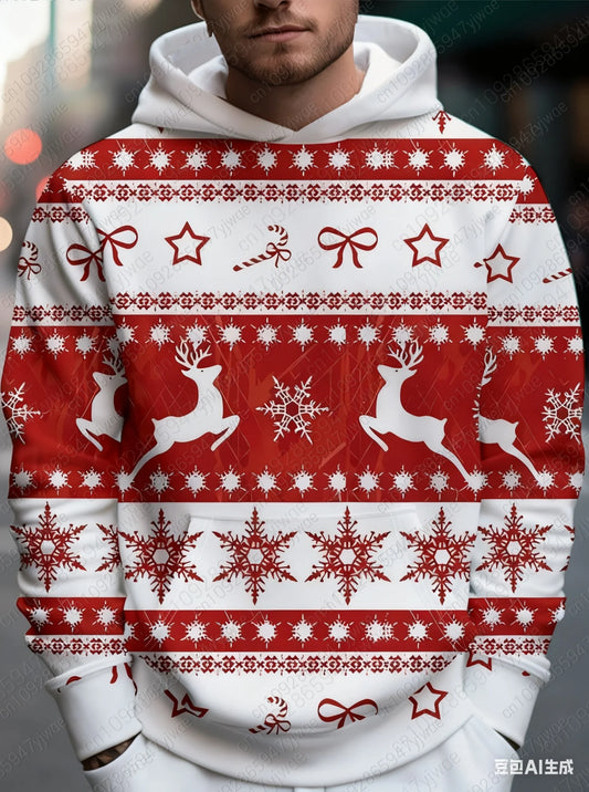 2025 Winter Mens Christmas Sweater Hoodie Red White Snowflake Reindeer Graphic Hooded Hoodies Hombre Men Women Hoodie men Tops
