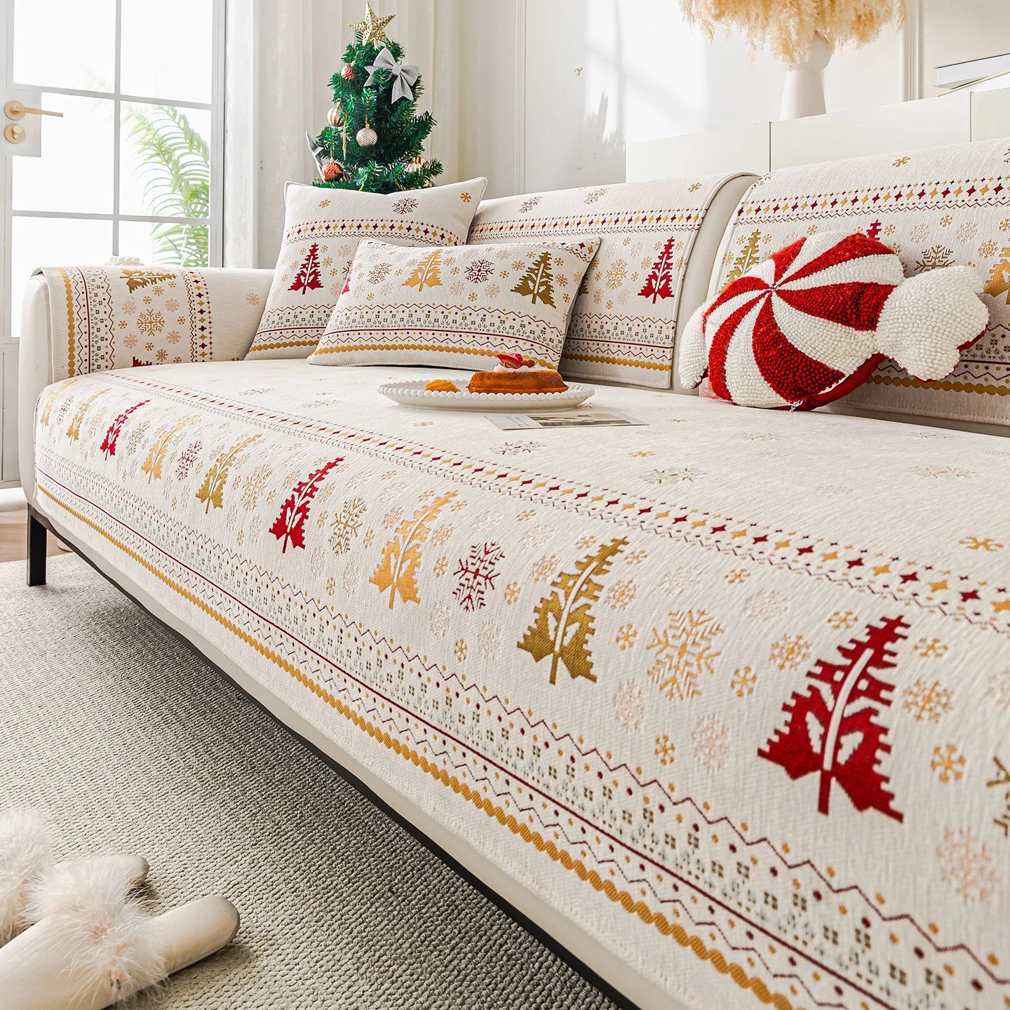 2025 Christmas Tree Sofa Cushion Fixed Anti Slip Nordic Light Luxury Style Sofa Cover Cloth Towel Suitable for All Seasons Soft