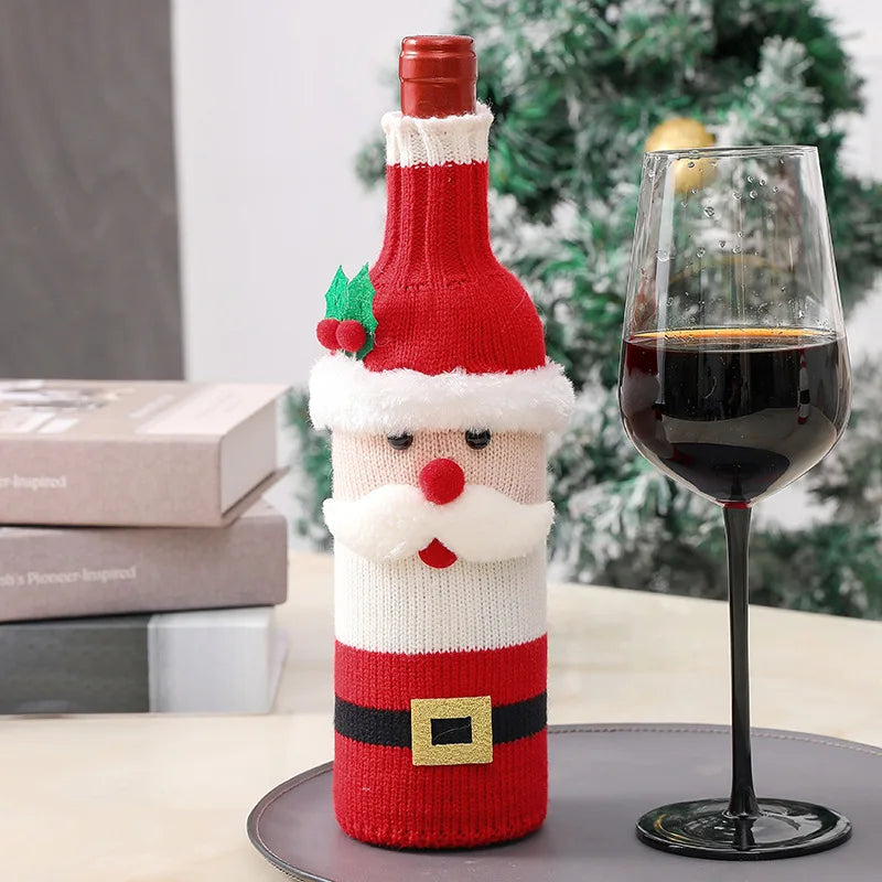 Christmas Santa Knitted Wine Bottle Cover Holiday Decoration for Red Wine Champagne Bottles Restaurant Party Scene