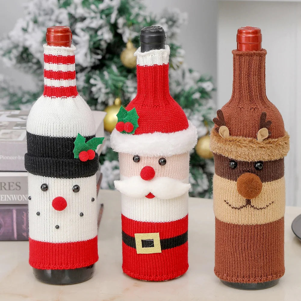 Christmas Santa Knitted Wine Bottle Cover Holiday Decoration for Red Wine Champagne Bottles Restaurant Party Scene
