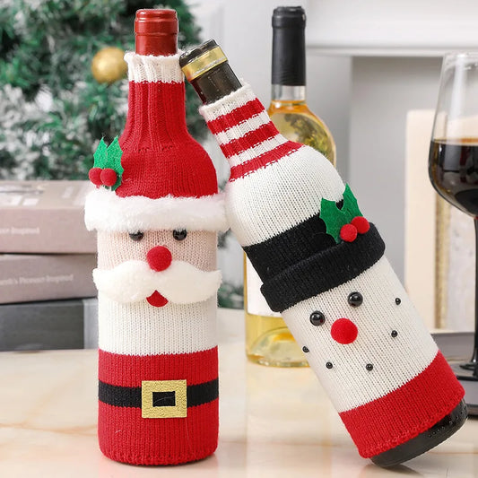 Christmas Santa Knitted Wine Bottle Cover Holiday Decoration for Red Wine Champagne Bottles Restaurant Party Scene