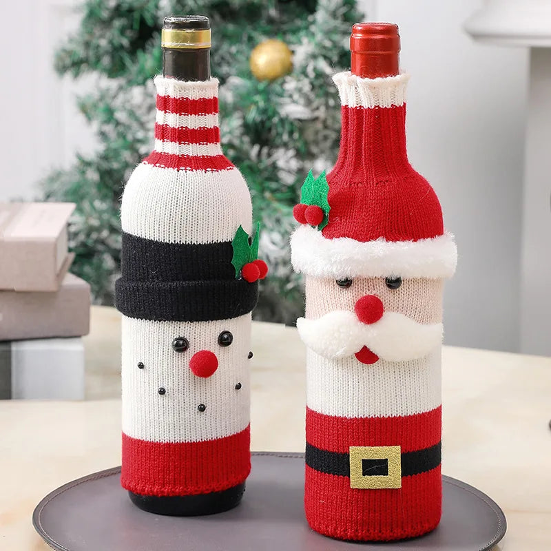 Christmas Santa Knitted Wine Bottle Cover Holiday Decoration for Red Wine Champagne Bottles Restaurant Party Scene